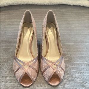 Women's Blush Pink Lace Peep-Toe Heels